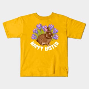 Happy Easter Bunny In Crocus Flower Field Kids T-Shirt